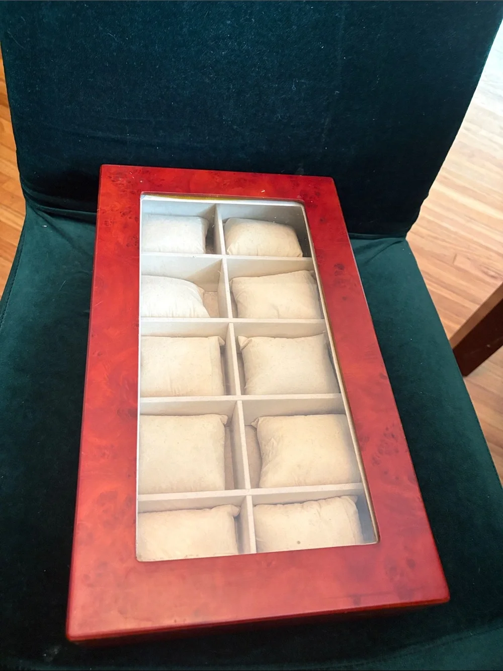 Wooden 10-Slot Watch Storage Box with Glass Lid - Cherry Finish